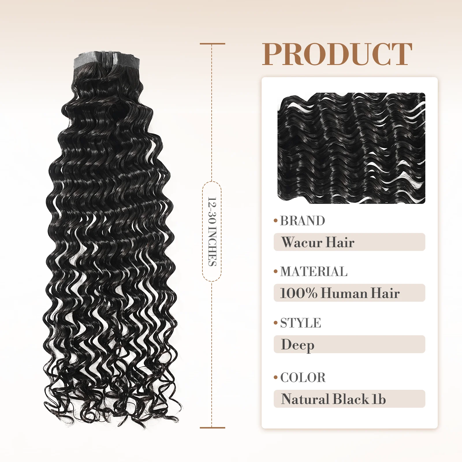 Wacur PU Clips In Deep Wave 100% Human Hair Extensions 12"-30" Machine Made Remy Hair 6Pcs Set 110g Full Head  Natural