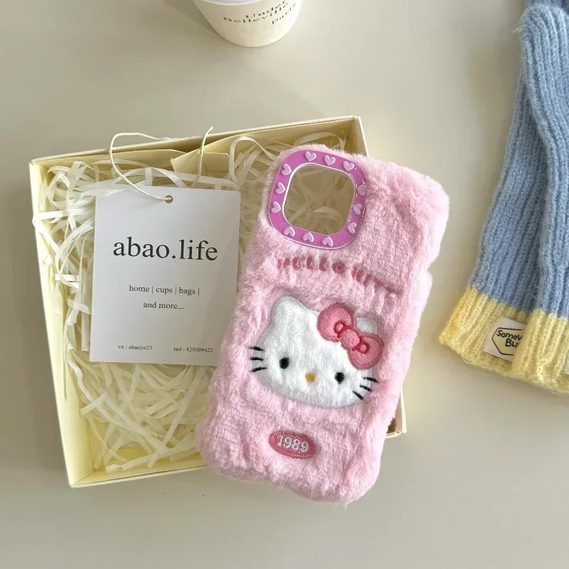 Cute Cartoon Sanrio Hello Kitty Furry Plush Soft Phone Case For iPhone 16 15 14 13 12 11 Pro Max Winter Warm Cover With Lanyard