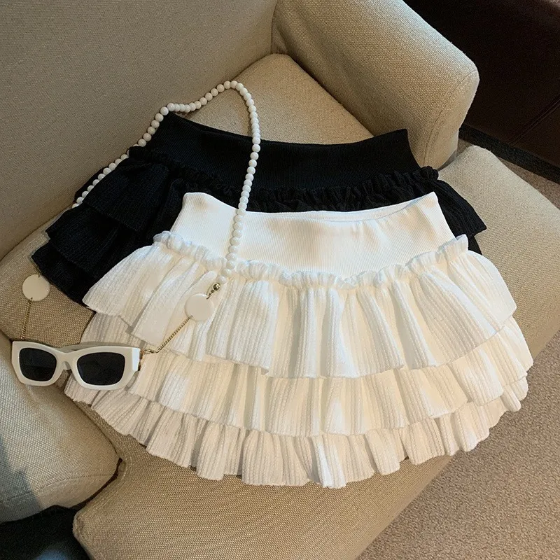 Y2K Women's Skirt Short Tiered White Skirts High Waist Pleated Ruffle Mini Skirt Black Ribbed Waistband Cute A Line Skirt
