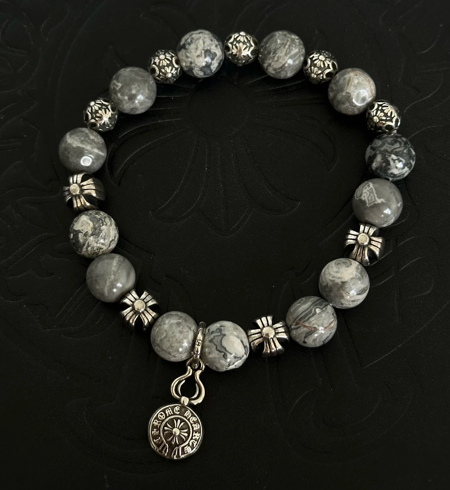 S925 sterling silver charm engraved round brand pendant couple bracelet retro and old CH fashion gray bead bracelet.