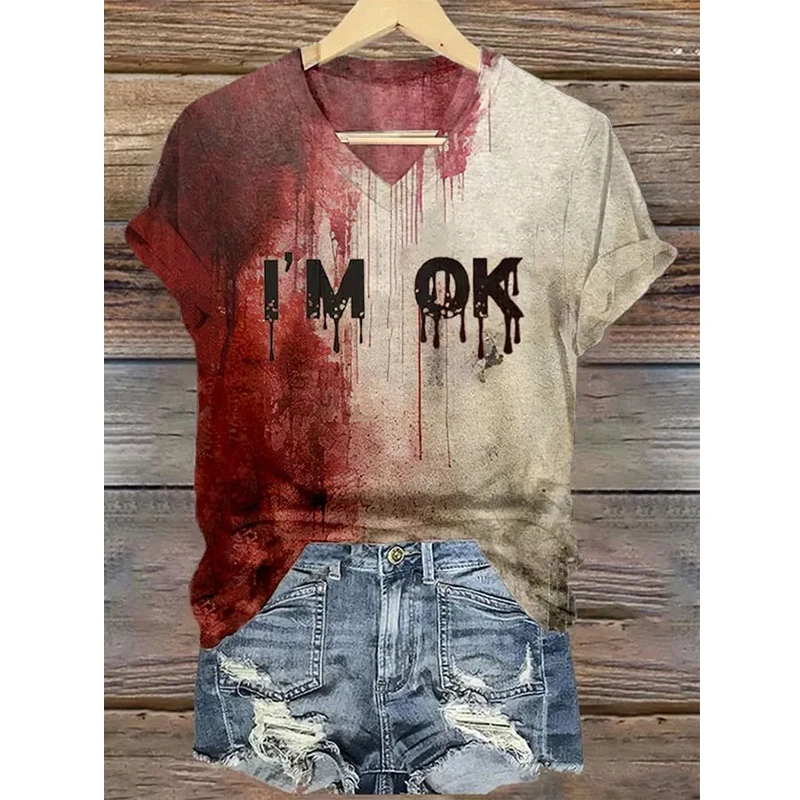 Vintage Halloween style Womens T-shirt  3d Blood Letter Print Street V Neck Tee Shirt polyester Female Clothing Oversized Tops