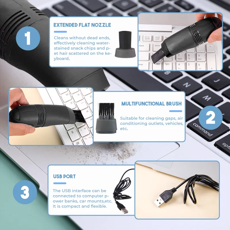 Mini USB Vacuum Cleaner Keyboard Computer Vacuum Cleaner with USB Cord, Brush and Nozzle Head for Car, Home and Office