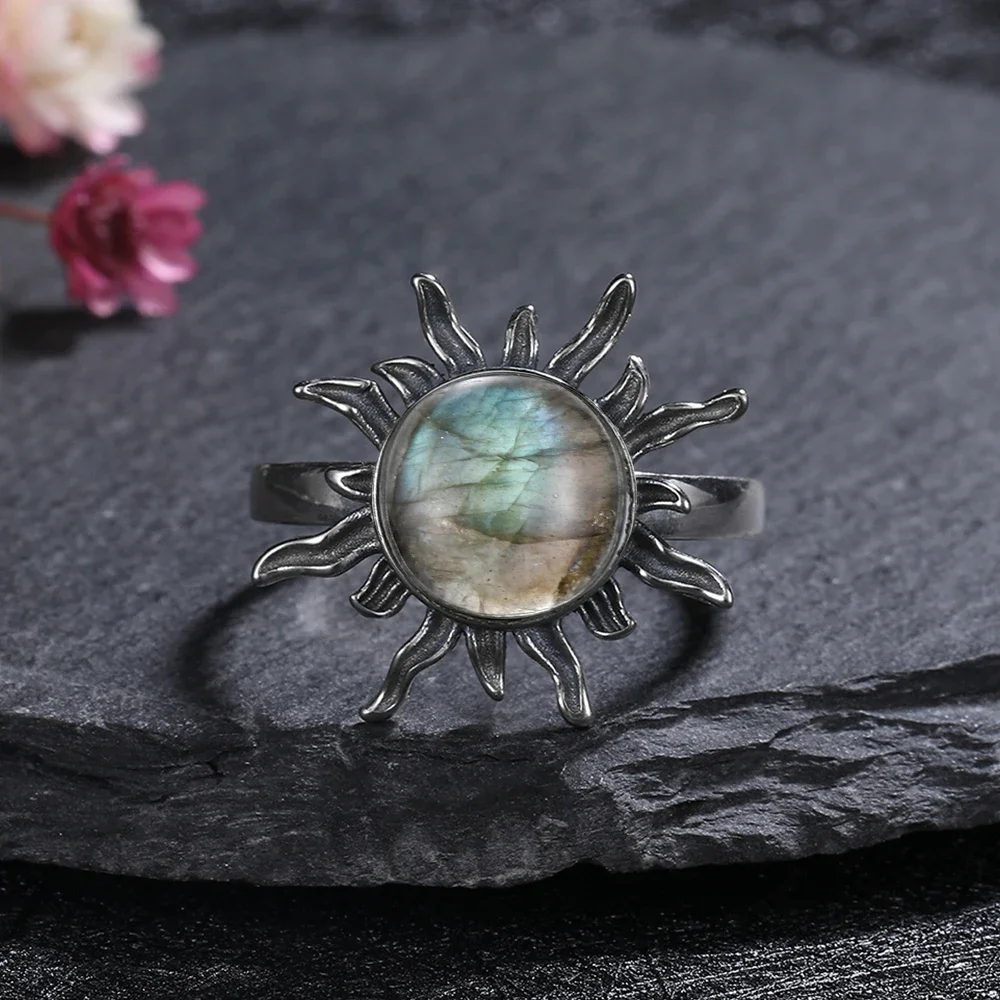 Round 10mm Natural Labradorite Rose Quartz Rings for Women Men 925 Sterling Silver Ring Retro Gemstone Rings Jewelry Party Gift