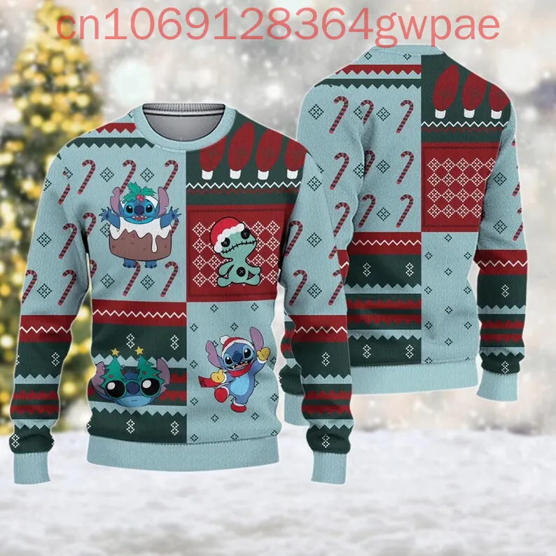 Disney Stitch Christmas Ugly Men and Women Sweater Personalized Stitch Santa Hat Cartoon Xmas Magic Kingdom Merry