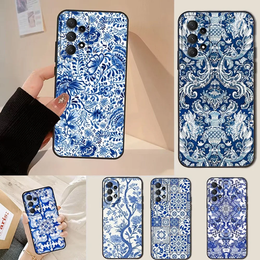 

Blue and White Porcelain Phone Case For Samsung Galaxy A13,A21s,A22,A31,A32,A52,A53,A71,A80,Soft Black Shell