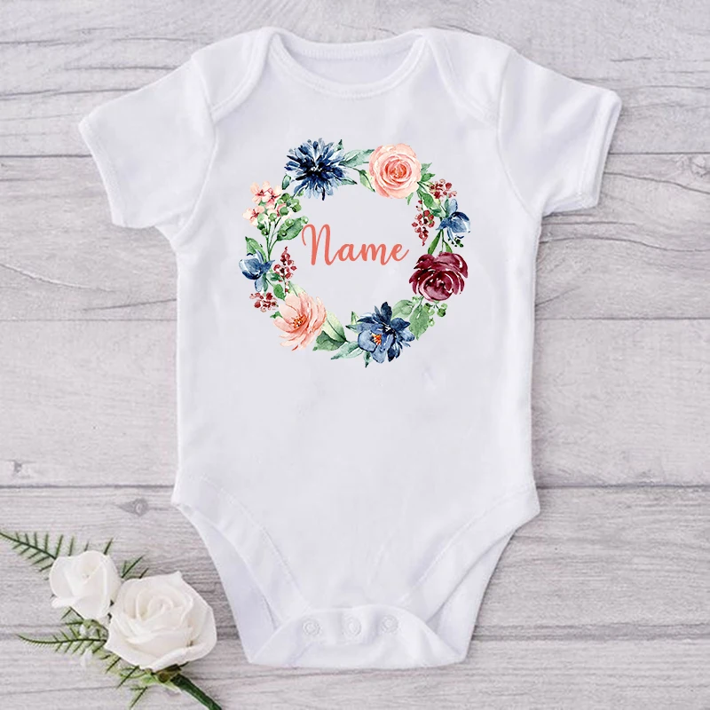 Personalised Floral Wreath New Baby Girl Clothes Custom Infant First Name Bodysuits Baby Shower Gifts Newborn Toddler Jumpsuits