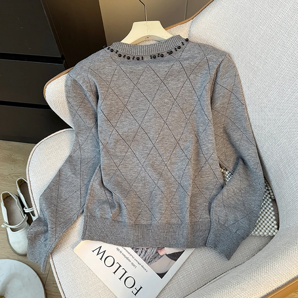 Women Beading Plaids Knit Cardigans Spring Autumn Loose O-Neck Sweater Outerwear Elegant Temperament Single Breasted Knitted Top
