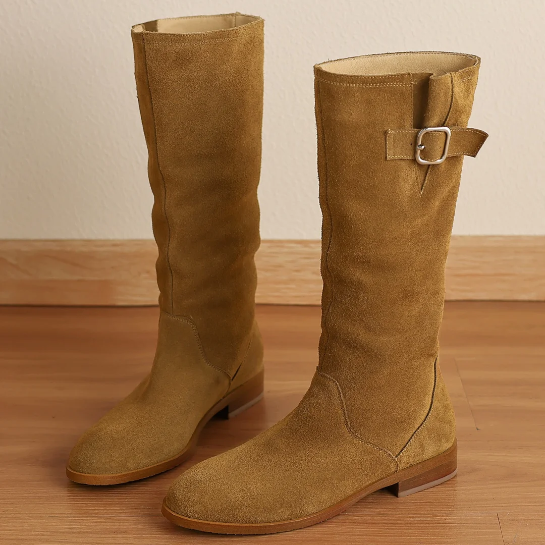 

Women's natural suede leather round toe metal buckle slip-on flat knee high boots high quality soft comfortable long boots shoes