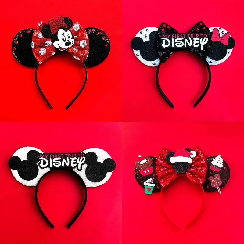 Disney Birthday Girls Mickey Mouse Ears Headbands for Women Party Hair Accessories Minnie Mouse Sequins Bows Hairband Kids Gifts