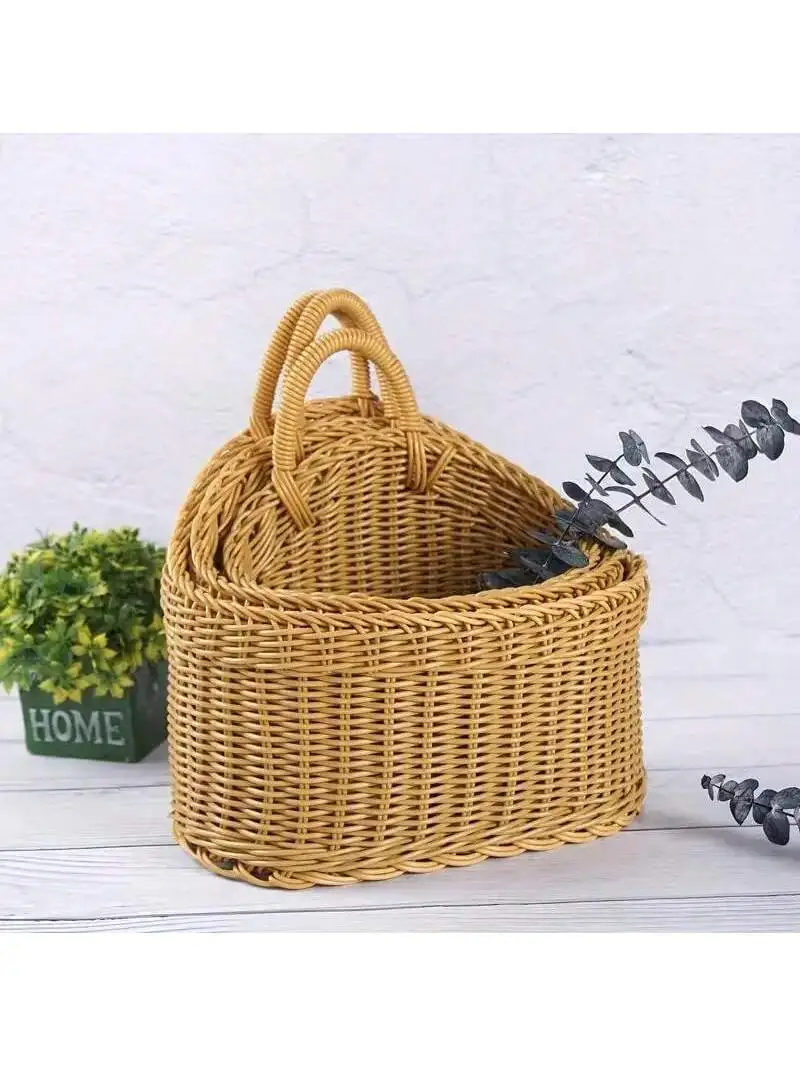 

3pcs Imitation Rattan Wall Storage Baskets - Plastic Woven Hanging Containers for Kitchen & Home Decor