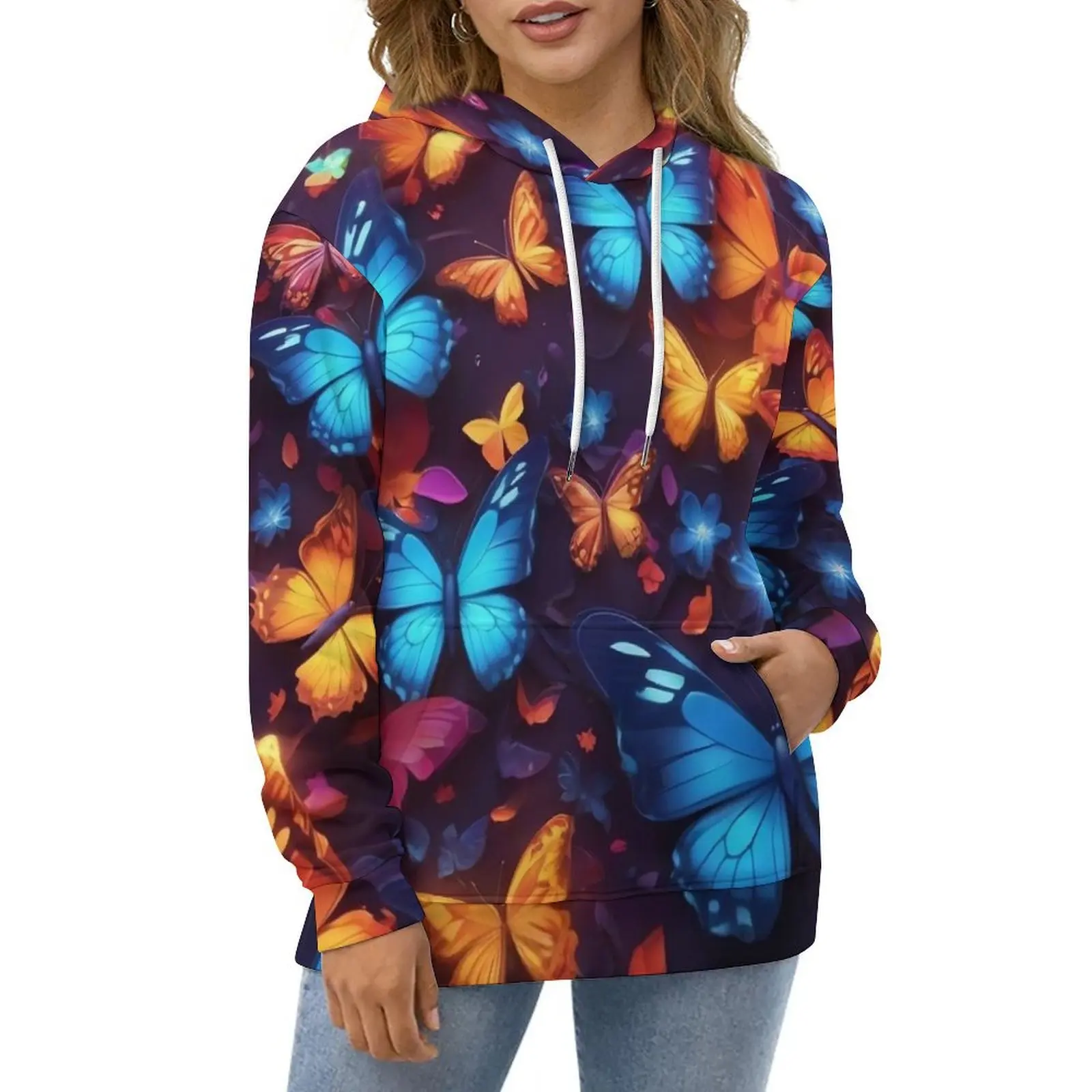 Sudaderas con capucha de mariposas y alas, sudadera informal de Hip Hop con flores mágicas, sudaderas con capucha con patrón Y2k de manga larga, regalo