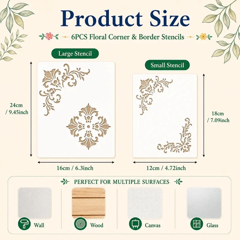 6Pcs Vintage Floral Border Stencils Reusable PET Stencils for Painting Corner Pattern Craft Templates Wall Wood Fabric Decor