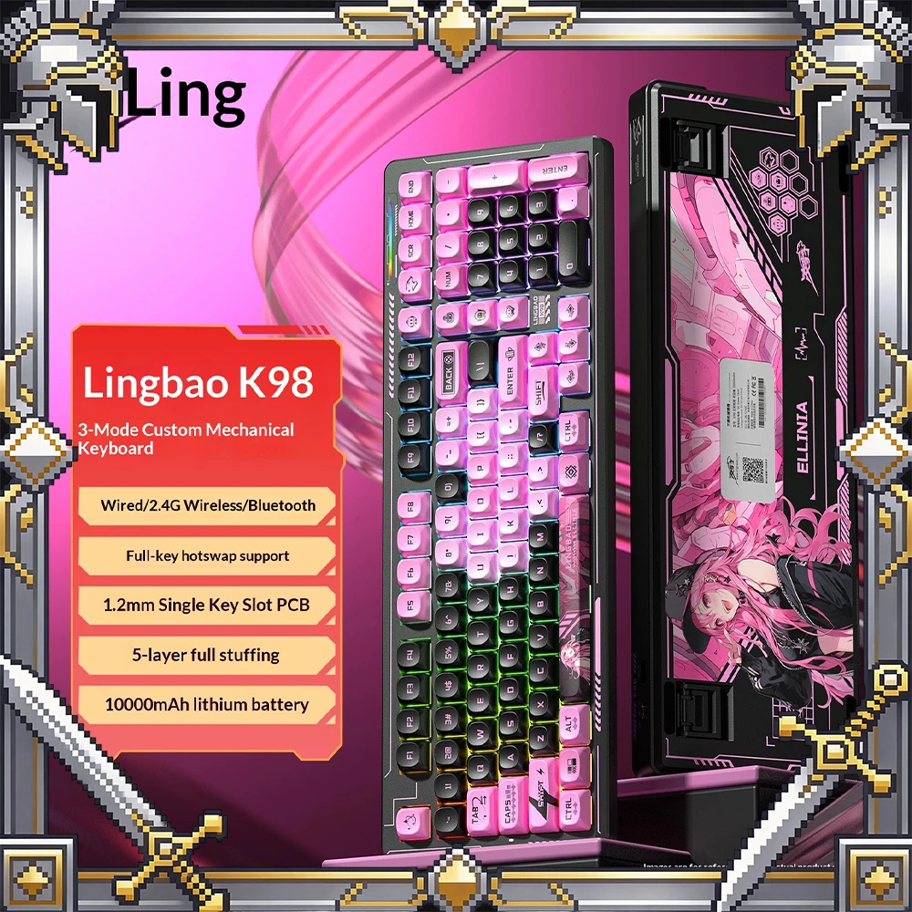 Lingbao K98 Mechanical Keyboard Tri Mode Hot Swap Gasket Wireless Keyboard Five-layer pile is fully filled 10000mAh battery Pc