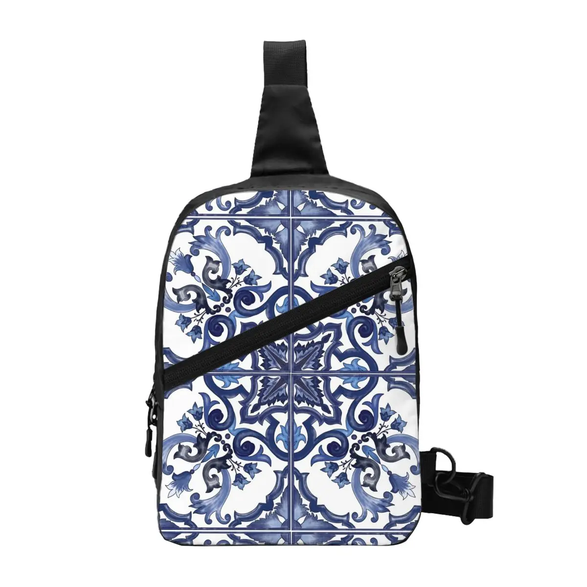 Blue Ornate Floral Mediterranean Sicilian Tile Chest Bag Men Sling Crossbody Backpack Chest Bag Traveling Daypack Shoulder Bag