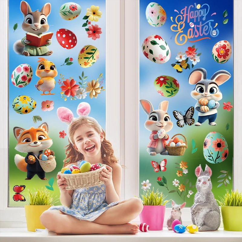 Easter Bunny Window Static Stickers Spring Flowers Living Room Window Glass Stickers Home Decorations Resurrection Day 2025