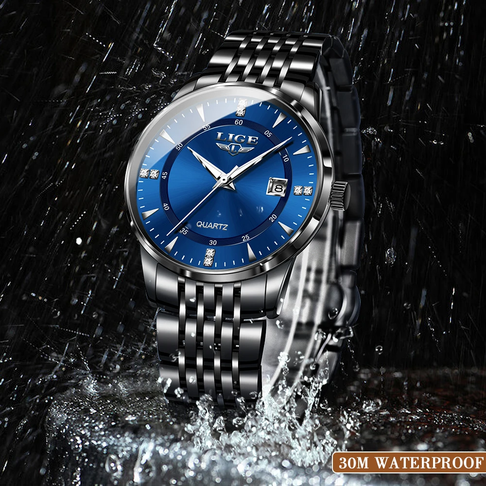 

LIGE классические роскошные кварцевые часы для мужчин с бриллиантовым ремешком из нержавеющей стали, светящиеся повседневные спортивные часы с автоматической датой, простые мужские часы