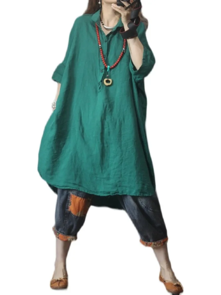 

Artistic Pure Color Linen Midi irt Women's Summer Thin Loose plus Size f Open Collar Cotton Linen Dr Skirt