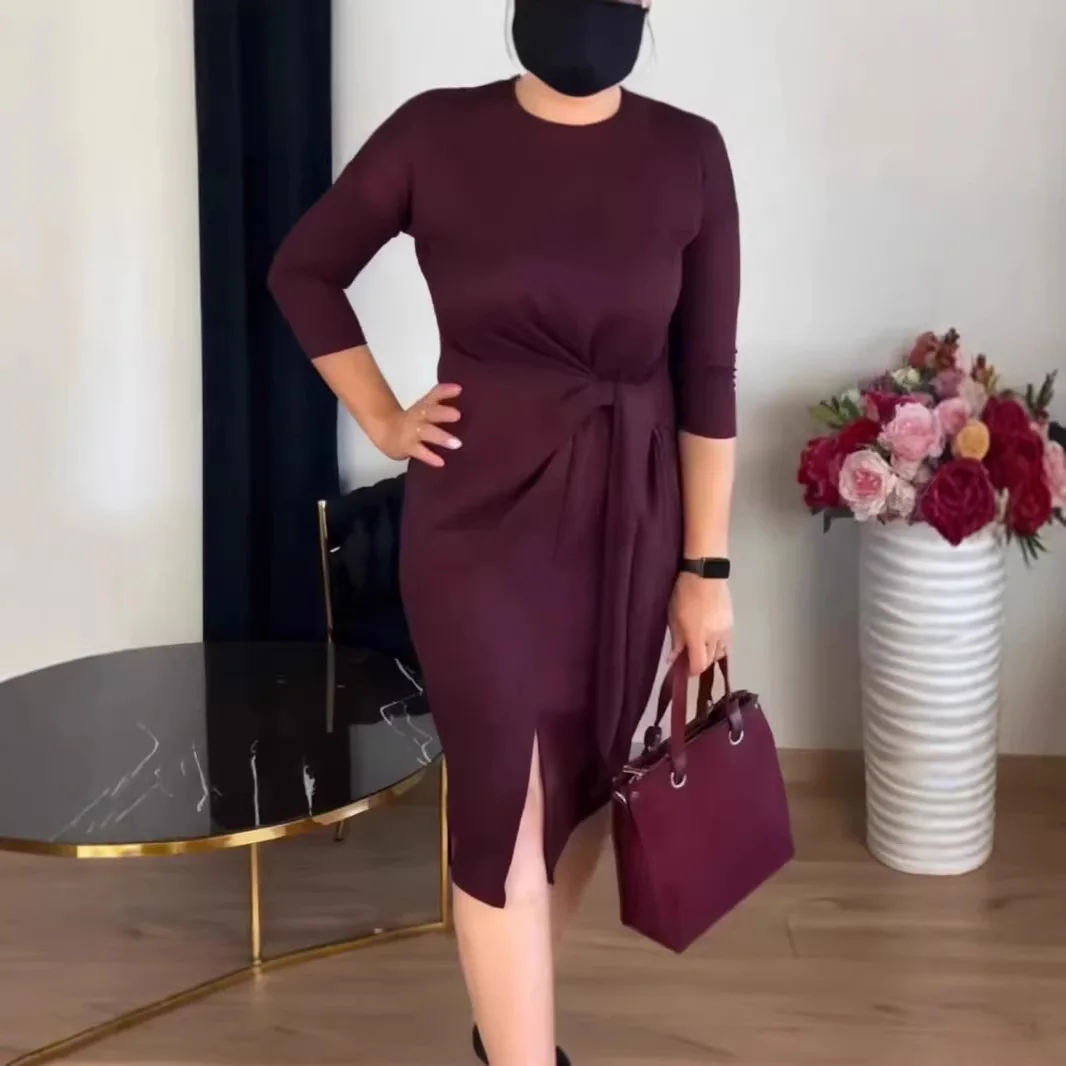 

2026 Bow Tie Strap Three-Quarter Sleeve Round Neck Slim Dress Women Spring Summer Solid Color