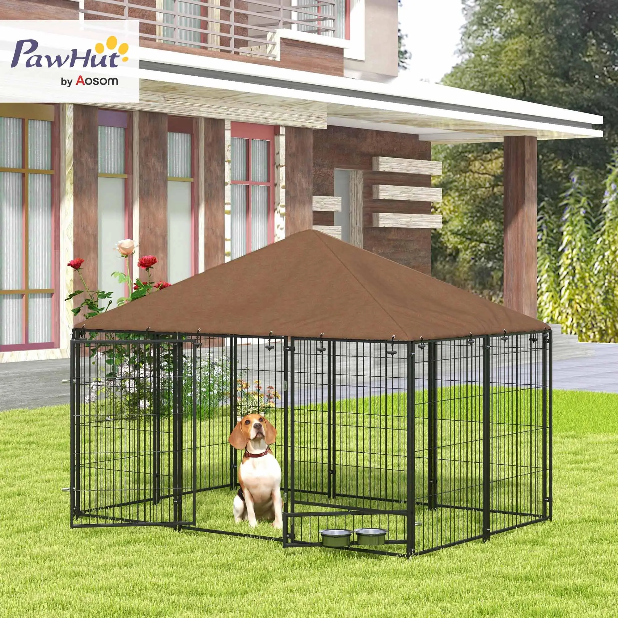 Outside Dog Kennel Puppy Play Pen w/Canopy 6.9' x 4.6' x 5' Black