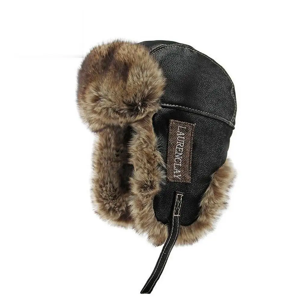 Winter Men Earflap Hat Bomber Caps Artificial Leather Thick Plush 54-60cm Retro Pilot Style Outdoor Keep Warm 2023 New YF0201