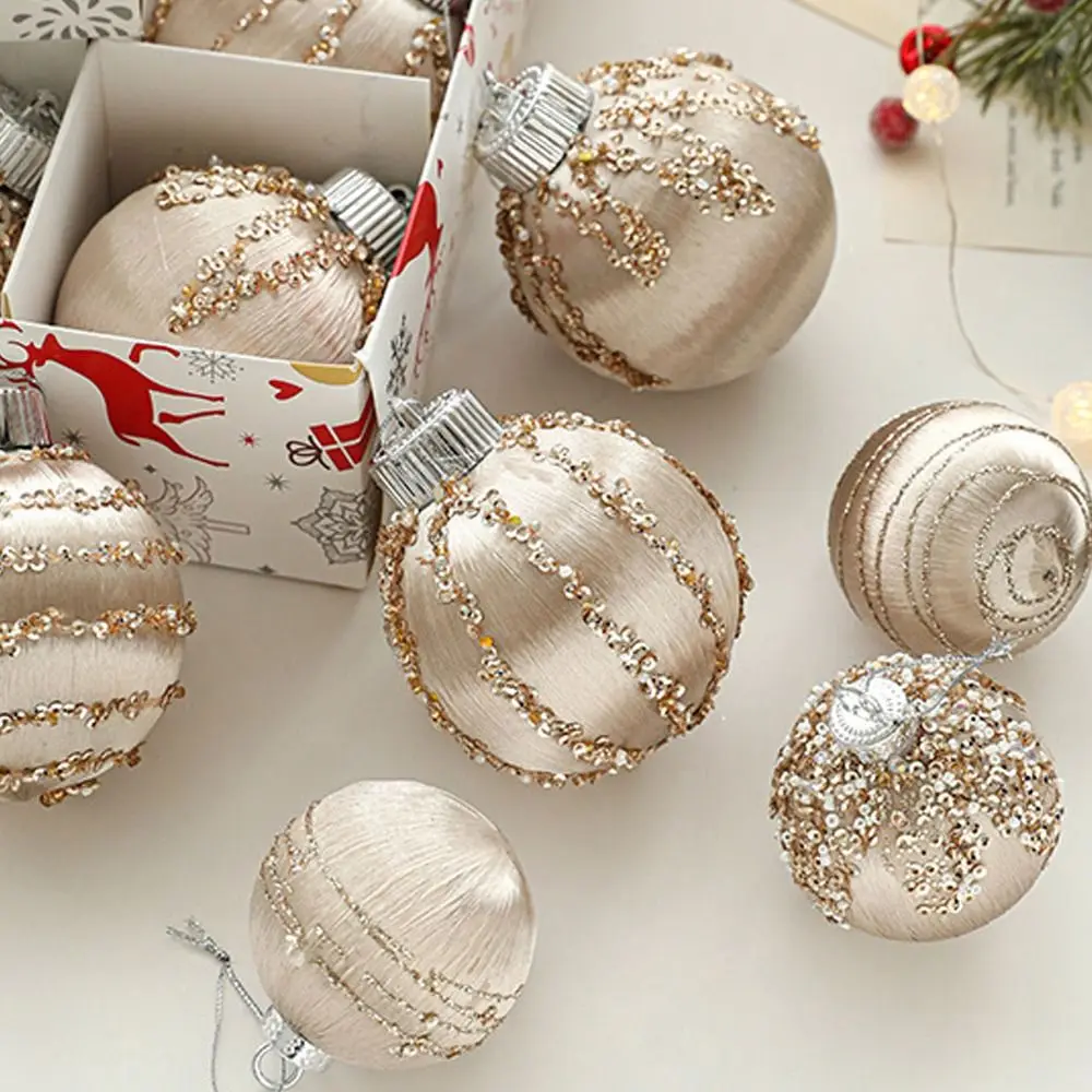 9pcs 6CM/8CM Velvet Christmas Balls Pendant Shatterproof Reusable Christmas Hanging Balls White Champagne Elegant