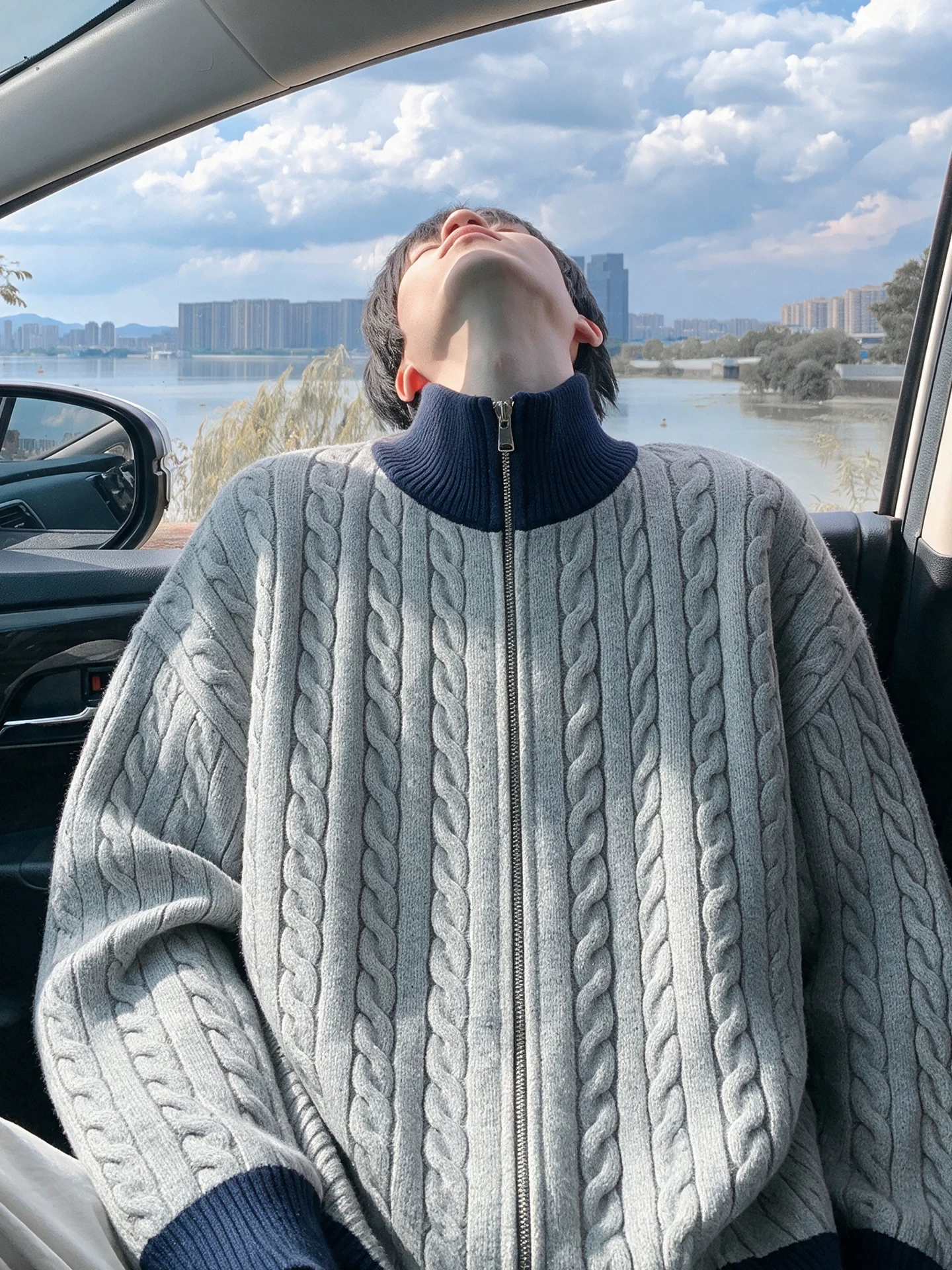 Loose Men's Knitted Cardigan Vintage Contrast Color Half High Collar Long Sleeve Sweater Outerwear for Youth Casual Autumn Wear