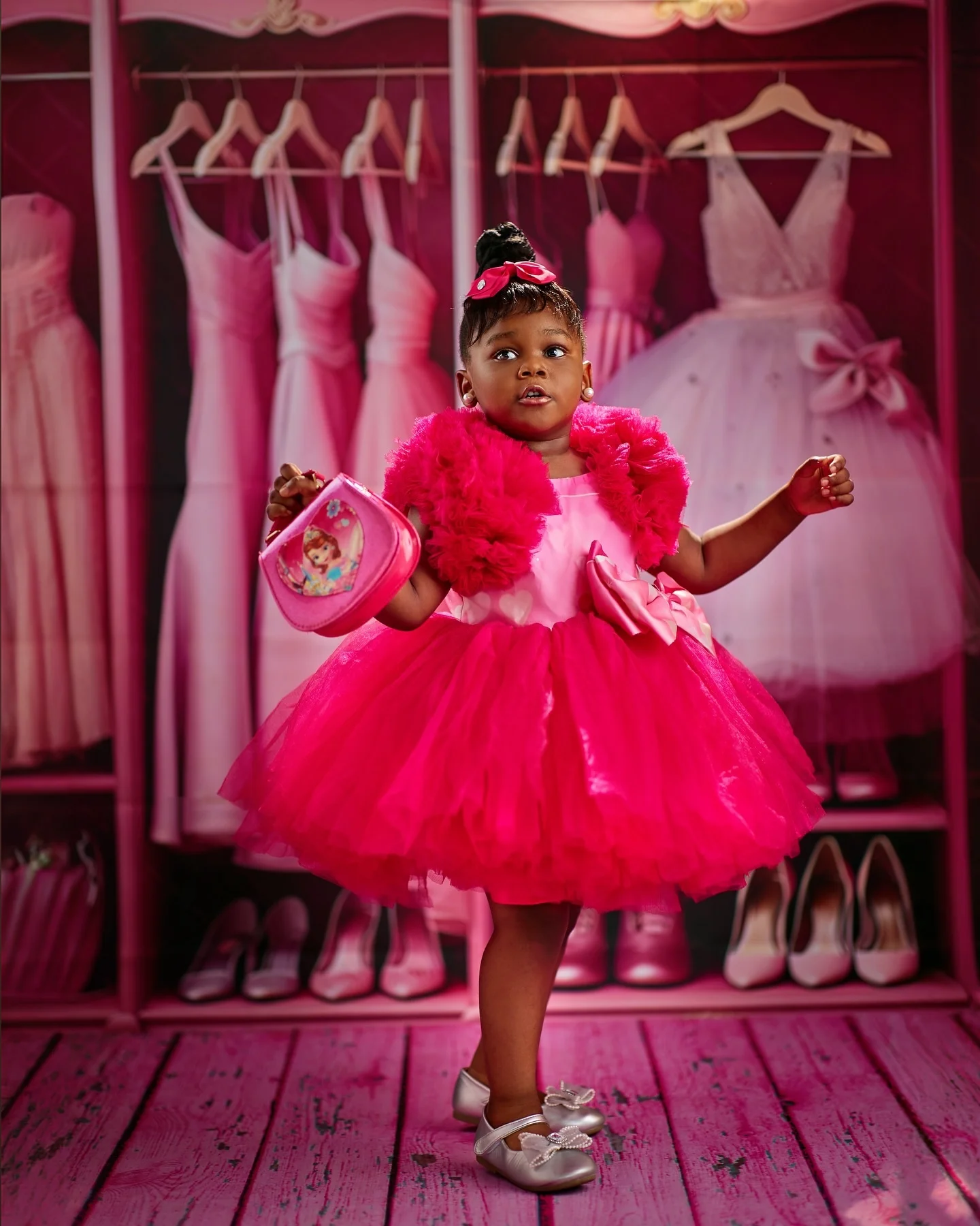 Hot Pink Baby Girl Party Dress Photo Shoot Toddler First Birthday Gown Girls Gifts Baby with Big Bow