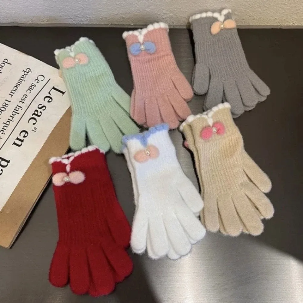 Full Finger Women Winter Warm Gloves Candy Colors Elasticity Touch Screen Knitted Gloves Bow-knot Windproof