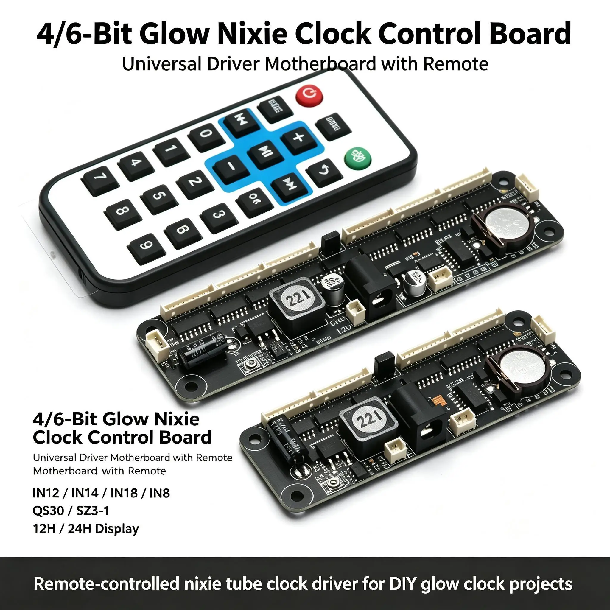 DYKB 4/6Bit Universal Glow Nixie Clock Tubes W Remote 12H/24H Time Display Control Motherboard FOR IN12 IN14 IN18 IN8 QS30 SZ3-1
