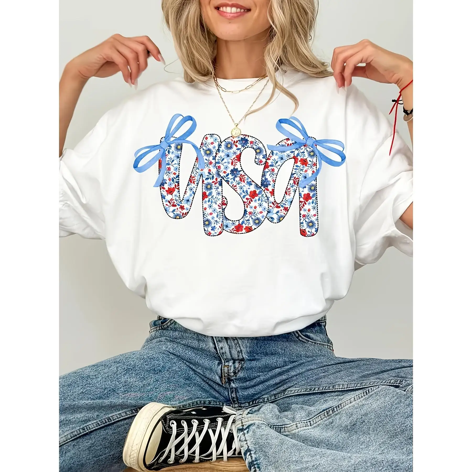 

Women's Patriotic USA Flag Bowknot Alphabet Letter Printed T-Shirt Soft Round Neck Short Sleeve Casual Top With Stars Stripes