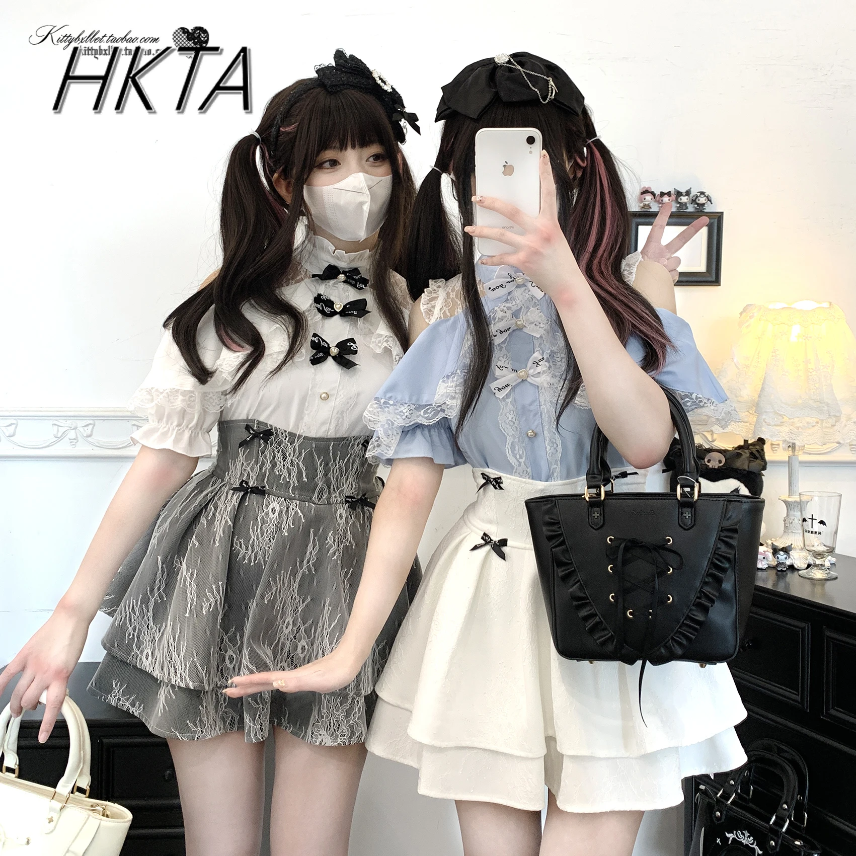 

Original Lolita Shirts Girl Women Japanese Mine Lace Off-the-shoulder Short Sleeve Blouse Top Summer New Sweet Bow Chiffon Shirt