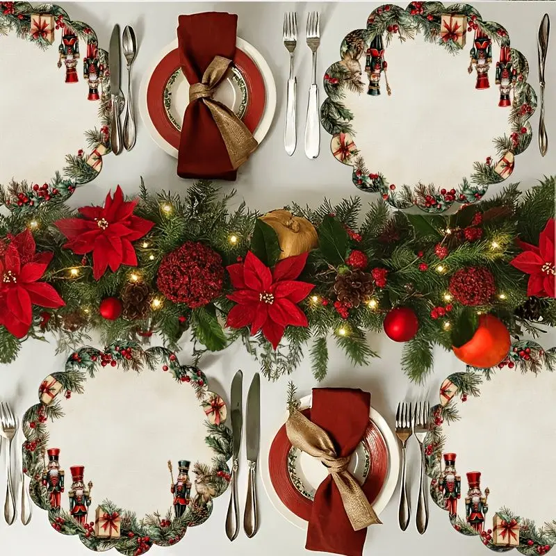 VIKAMA Nutcracker Soldier Gift Box Wreath Placemat Cream Base Scalloped Edge Red Uniform Present Pine Branch Xmas Table Mat Soft