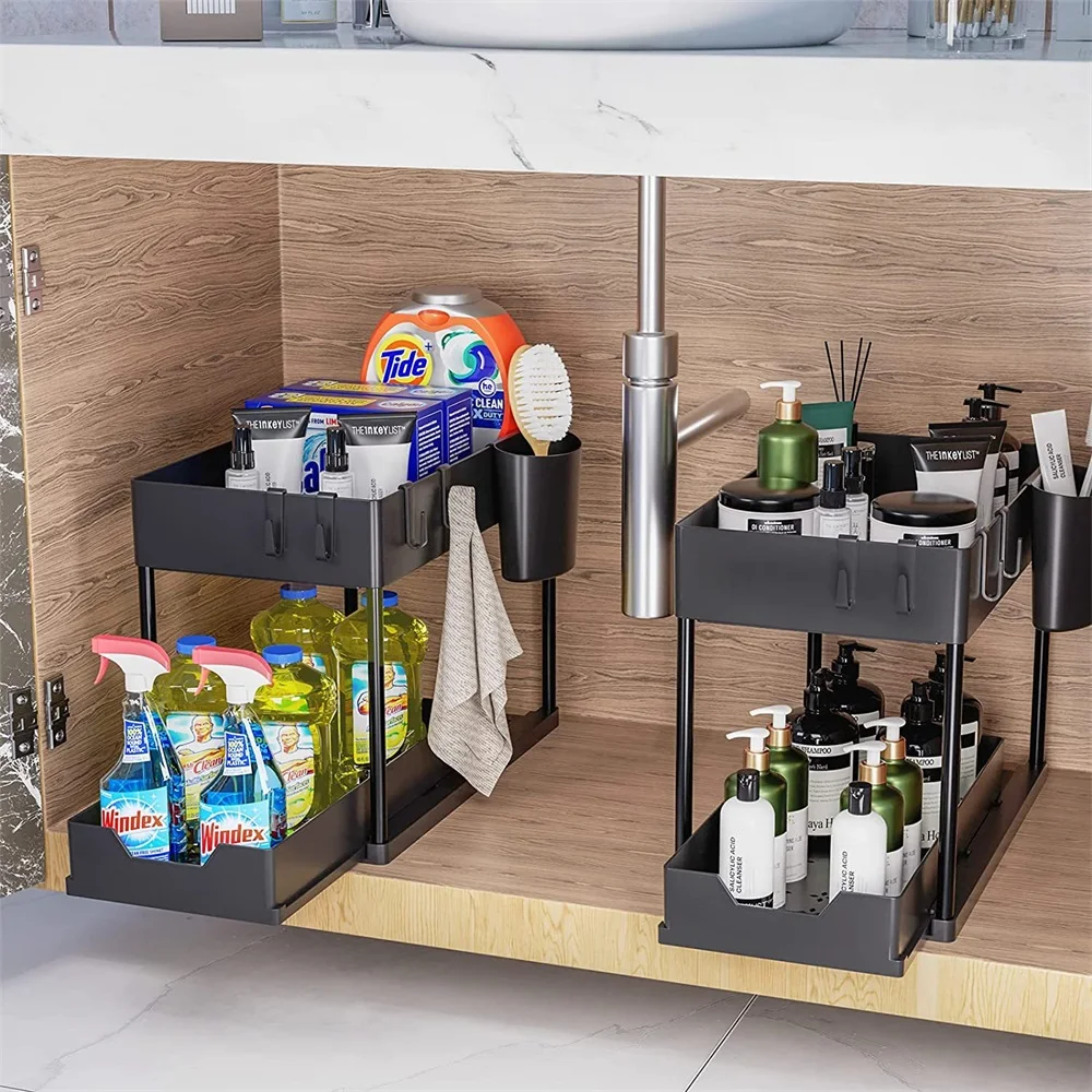 Kitchen Under Sink Organizer Storage Rack  2 Tier Shampoo Detergent Cabinet Spices Rack Bathroom Cosmetics Storage