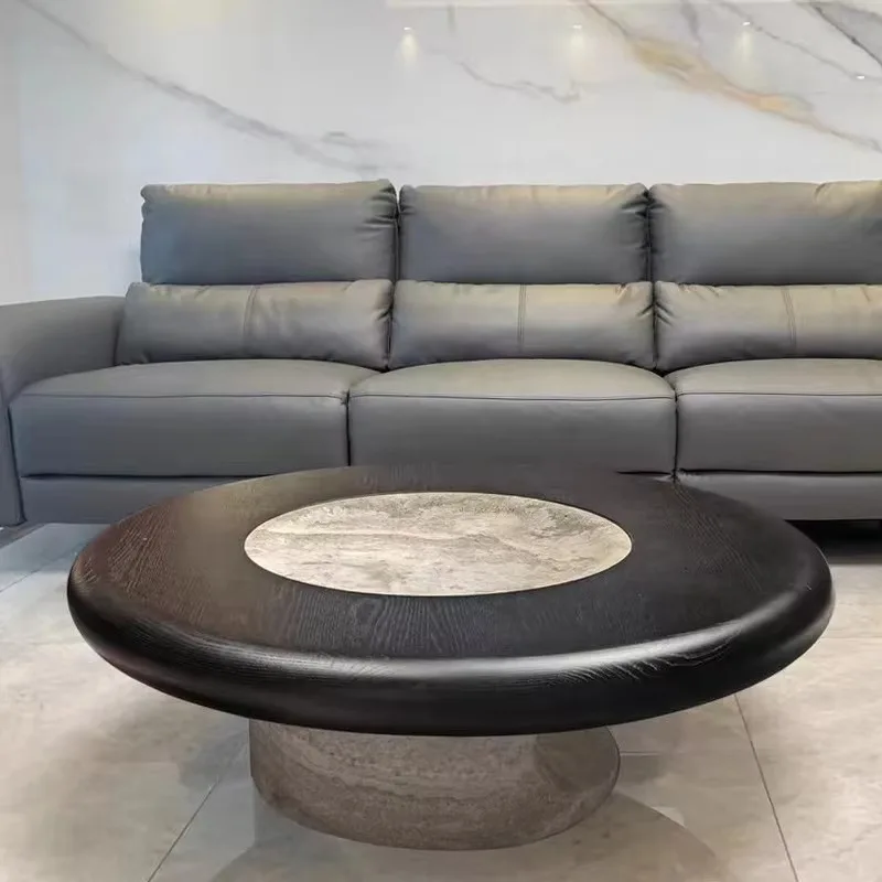 OCustomized Living Room Furniture Wooden Carved Limestone Table Round Travertine Solid Wood Coffee Table