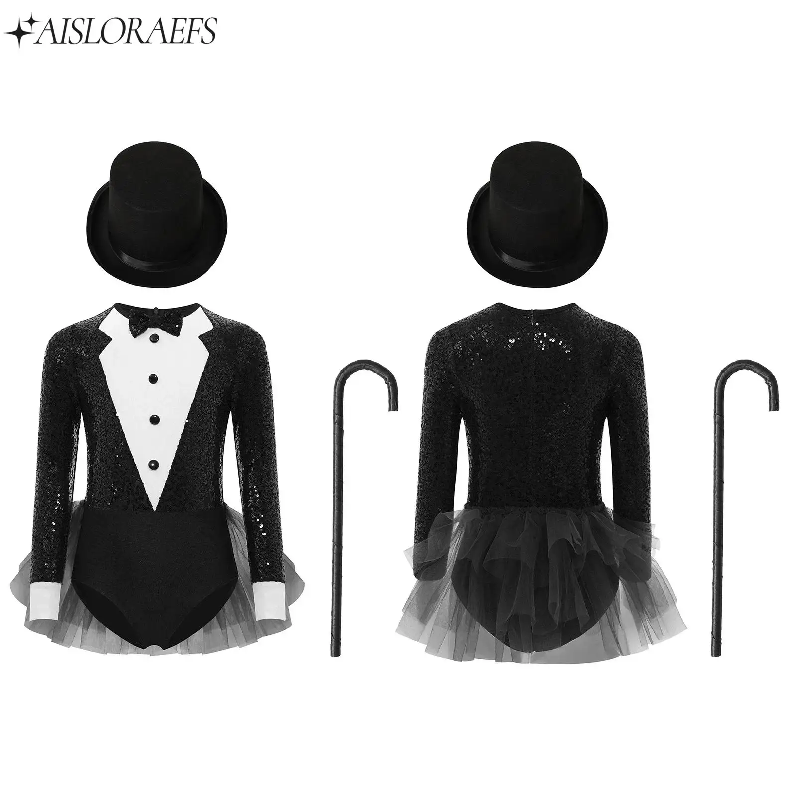 

Kids Girls Sparkly Sequins Magician Outfit Jazz Dance Stage Performance Costume Long Sleeve Festival Halloween Cosplay Costumes