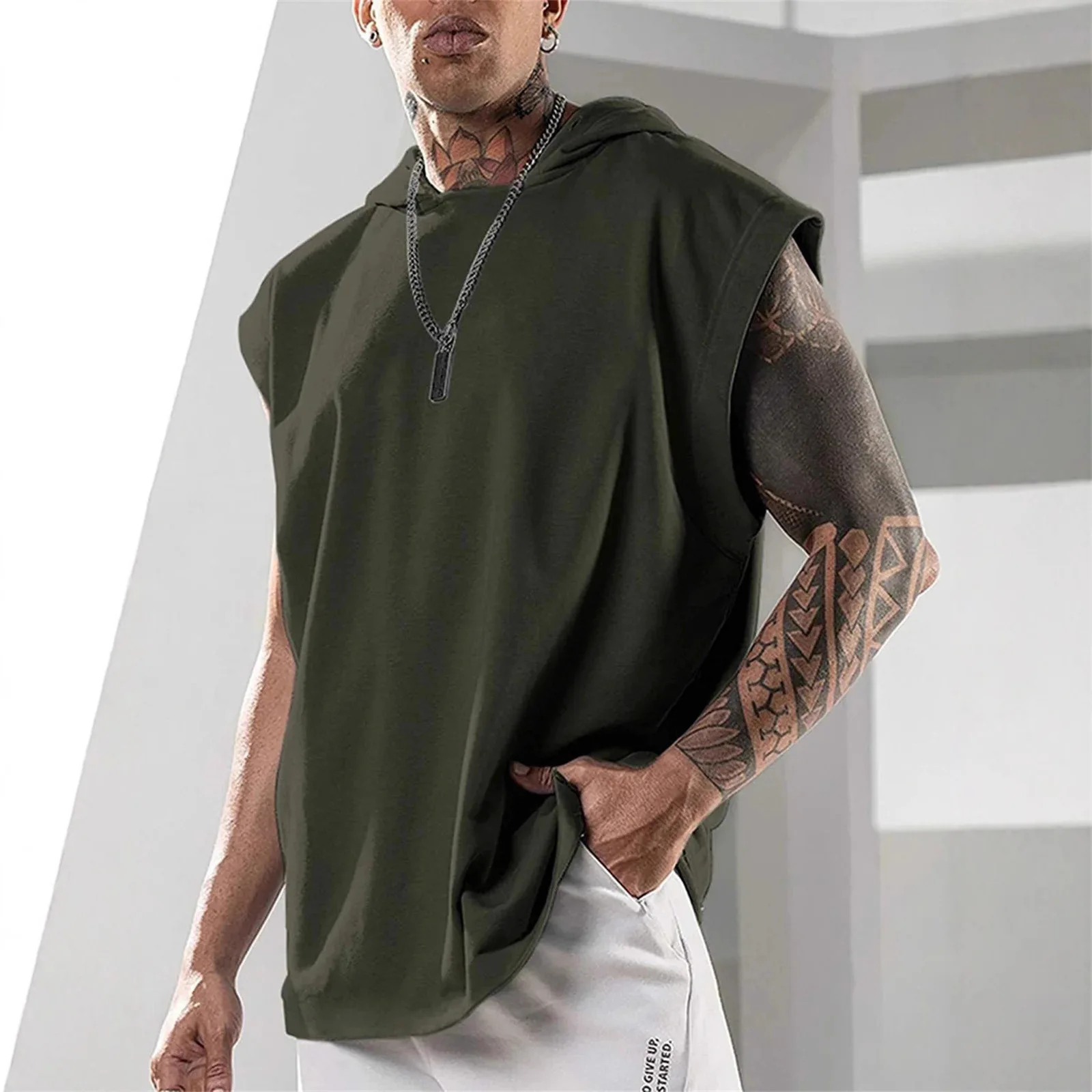

Men Loose Sleeveless Hooded Sweatshirt Solid Color Casual Street Vest Summer Gym Fitness Workout Tank Top Fashion Male Hoodie