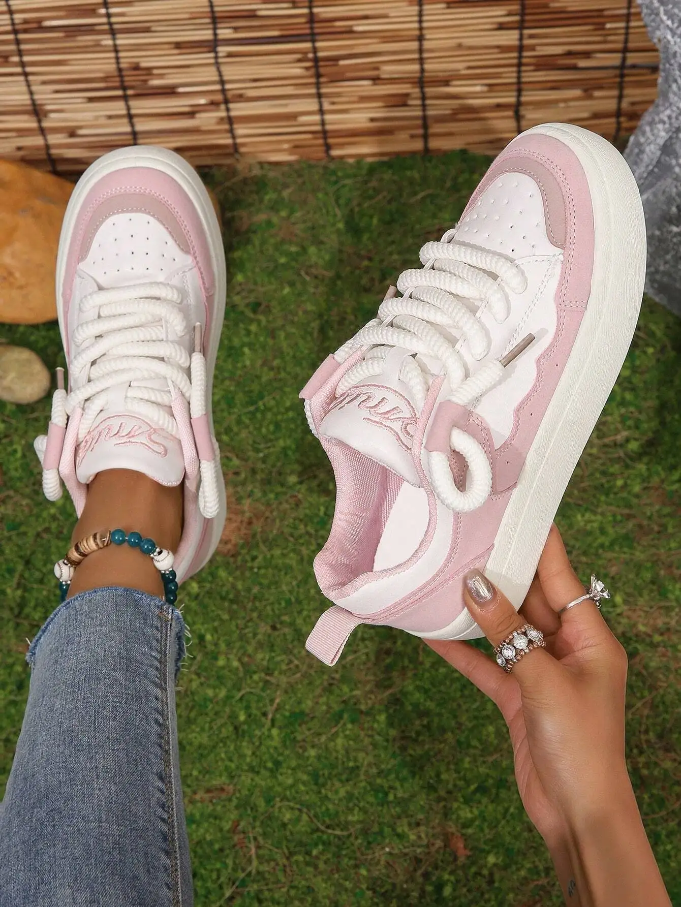 

Beige Color Block Lace Up Round Toe Breathable Sneakers Fashion Casual Sporty Comfortable Footwear For Women Autumn Winter Daily