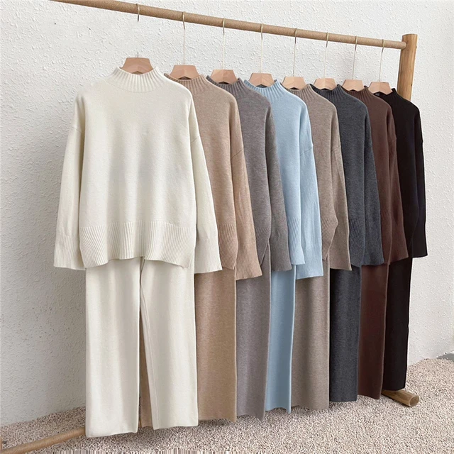 Seoulish 2025 Autumn Winter New Split Women's Sweater Sets Fashion Solid Color Knitted Sweaters Casual Pants Two-piece Sets