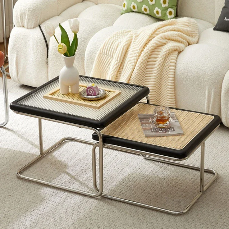 Retro Medieval Style Rattan Coffee Table Glass Side Table for Living Room Corner Simple Combination Design