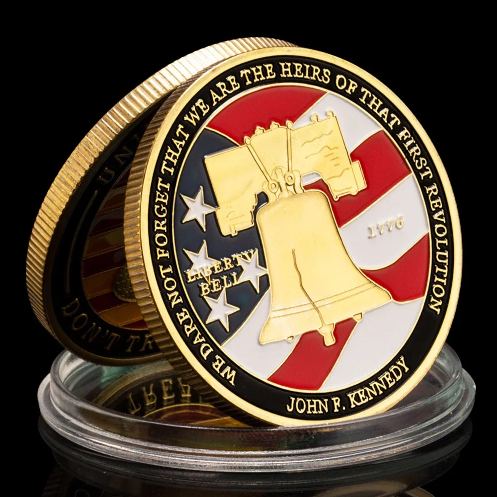 US Gadsden Flag Challenge Coin Gold Plated Coin United We Stand Liberty Bell Pattern Collectible Commemorative Coin