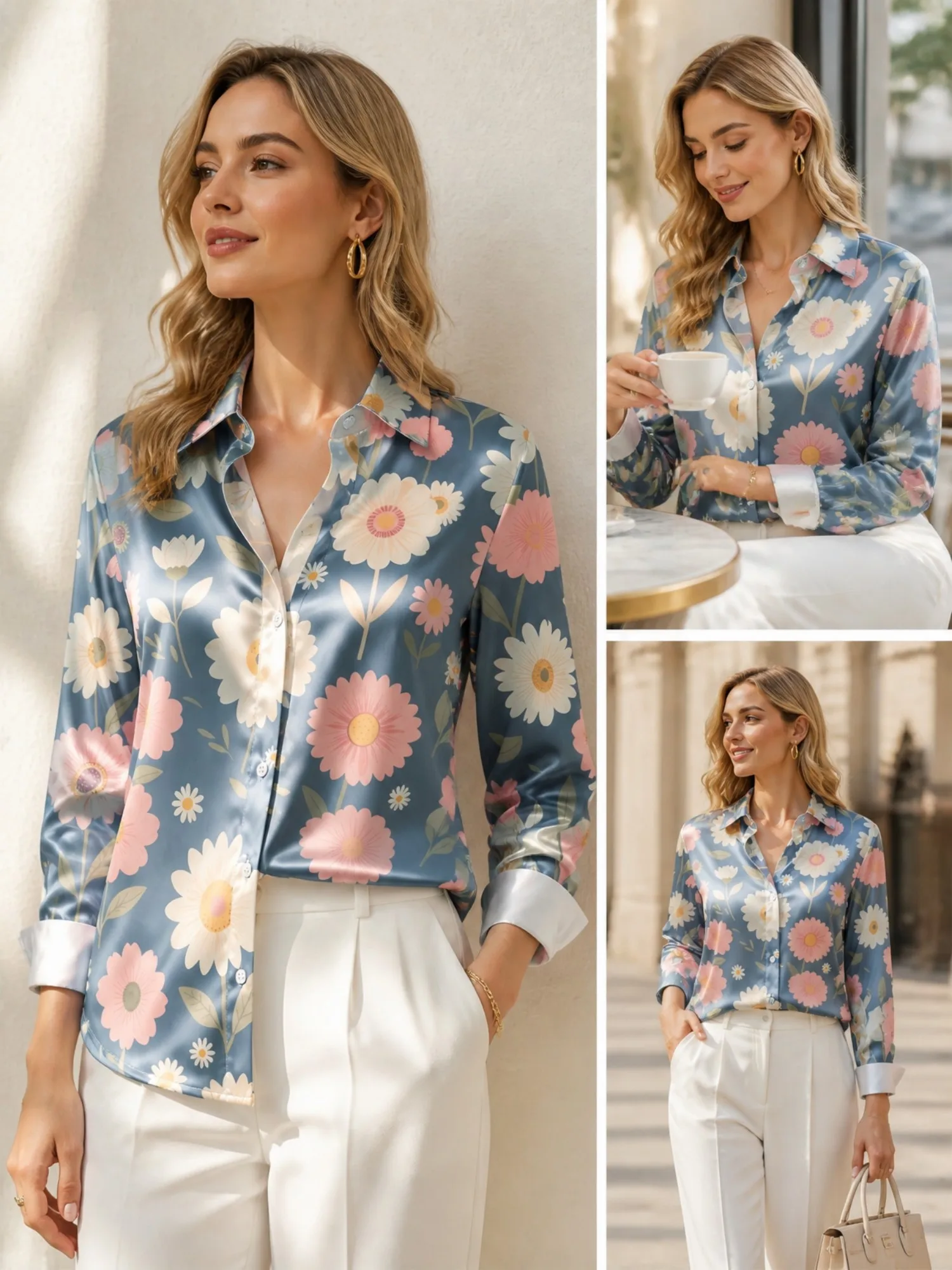 

Dusty Blue Daisy Satin Blouse for Women Long Sleeve Button Down Shirt Casual Office Cafe Vacation Silky Top