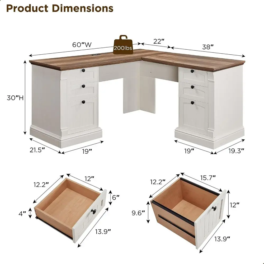 60 L Shaped Executive Desk with Drawers, Armhouse Home Office Desk with Charging Station, File Cabinet Storage, Wood Computer De