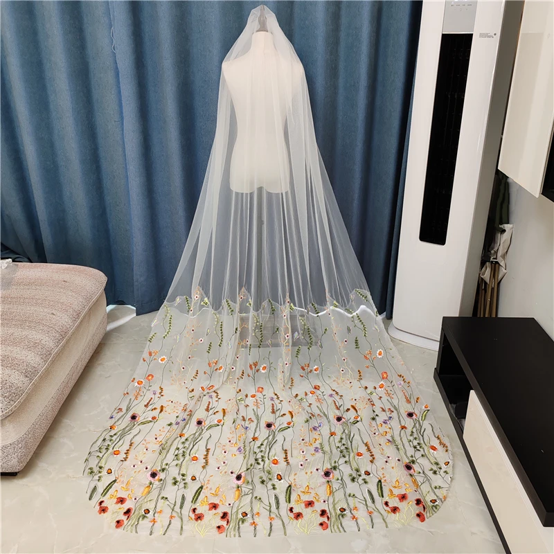 Real Photo Wildflower Secret Garden Floral Wedding Bridal Veils White Ivory Tulle Colorful Green Leaves Orange Cathedral Brides