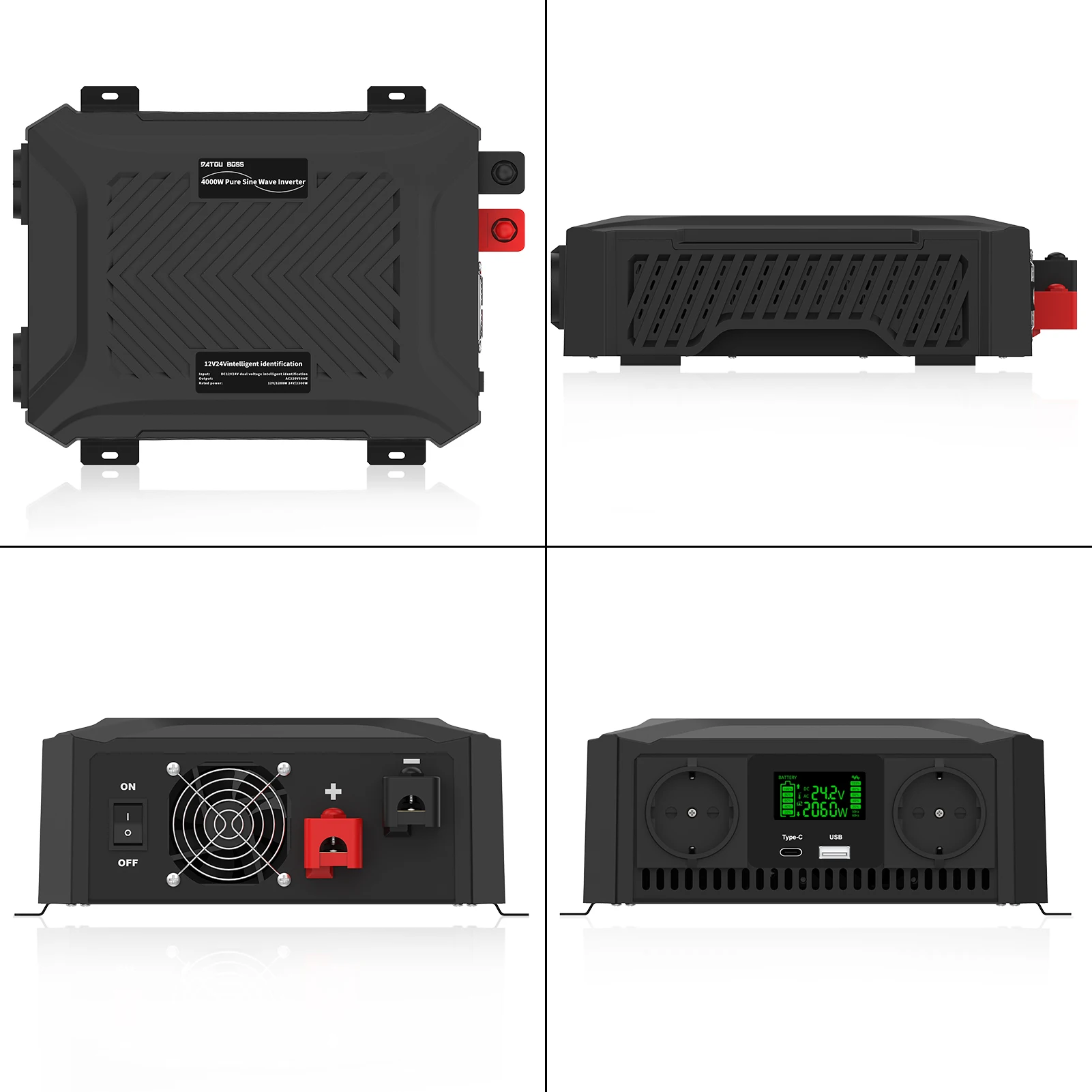 DATOUBOSS Pure Sine Wave Inverter Low Loss Conversion Efficient Automatic Identification 12V/24V Dual Voltage Vehicle Inverter