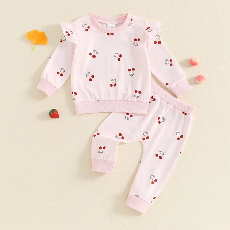 Baby Girl Fall Outfit, Cherry Print Round Neck Long Sleeve Tops Elastic Waist Pants 2 Piece Set