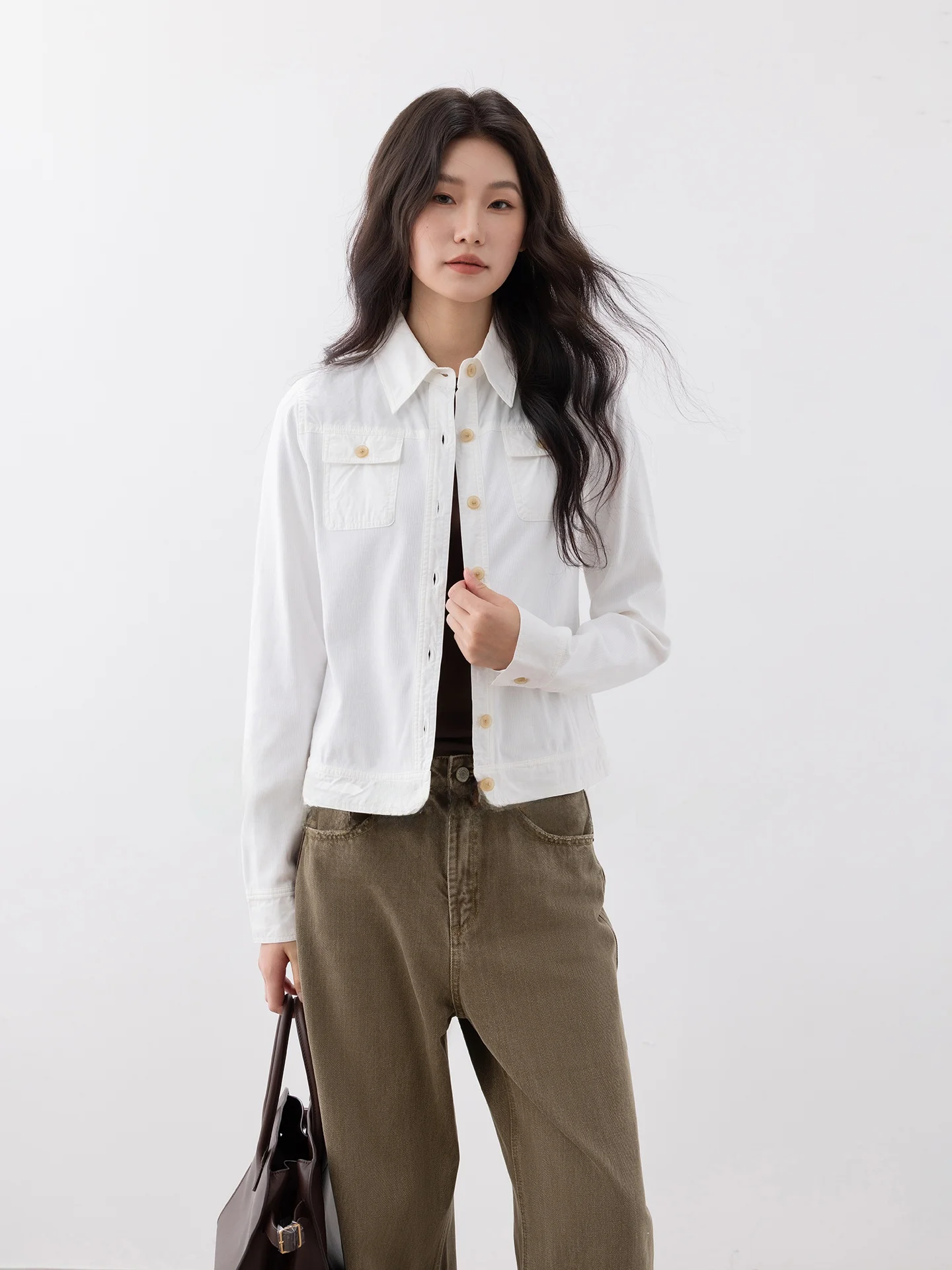 

Повседневная женская блузка с длинным рукавом и воротником, на одной пуговице, модная, весна-осень, из смесового хлопка и полиэстера, прямого кроя