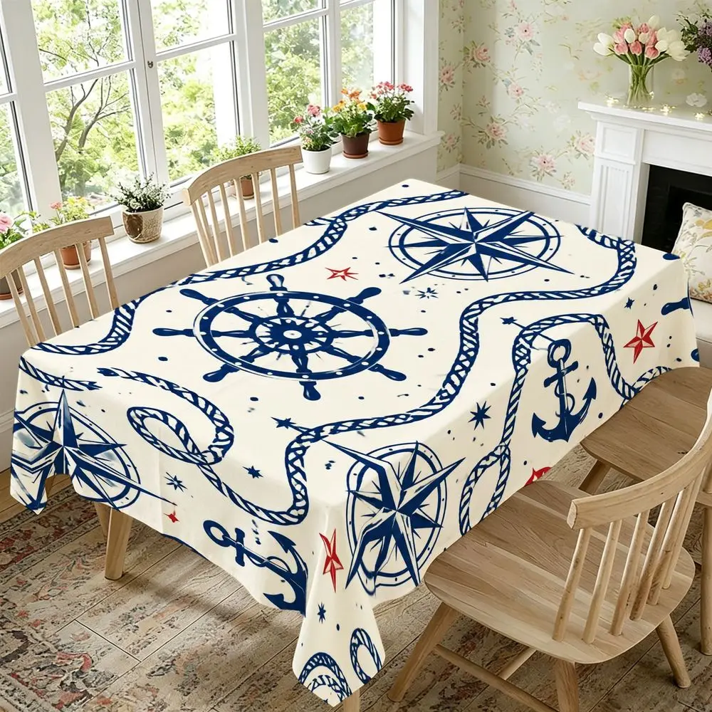 Nautical Theme Tablecloth - Navy Blue Ship Wheels, Anchors, And Compass Roses Print, Background, Durable Fabric, Rectangular, Suitable for Coastal Dining Room, Kitchen, Holiday Party, Summer Home Decor, Indoor And Outdoor Use