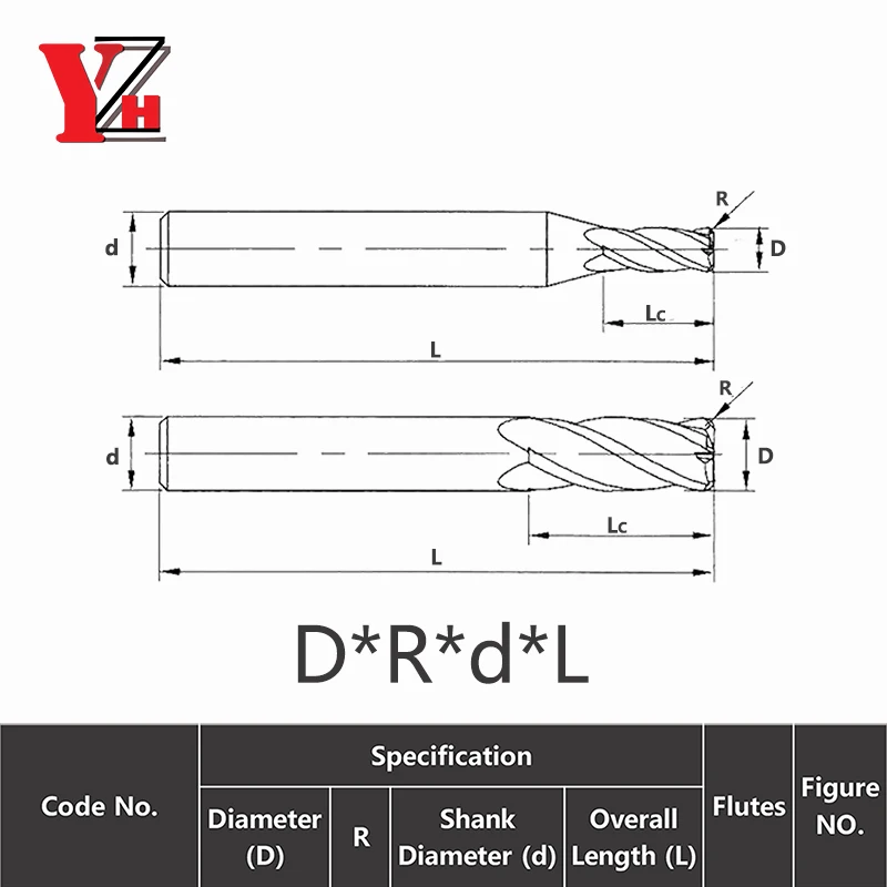 Corner Radius End Mill HRC65 4 Flute CNC R Bullnose Cutter Tungsten Carbide Steel 2R0.5 3R0.5 4R0.5 5R0.5 6R0.5 8R0.5 10R0.5