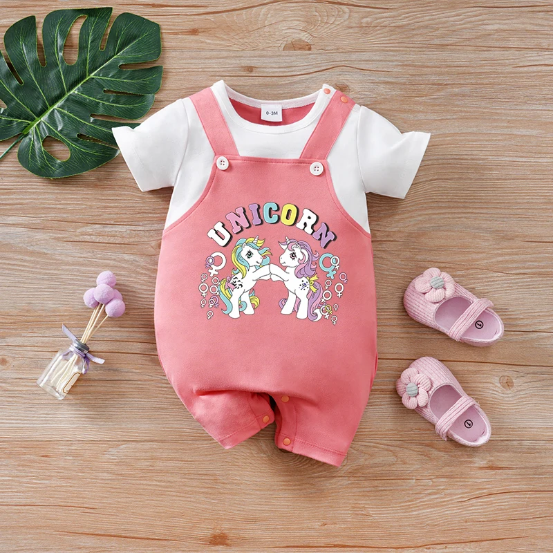 

Newborn baby summer fake two-piece pink unicorn print short-sleeve round-neck one-piece Comfortable Cozy Breathable Durable Conv