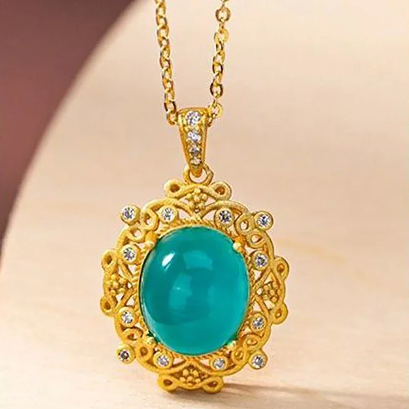 New silver inlaid natural Tianhe Stone Crystal Oval Pendant Necklace Chinese palace style hollow pattern women's brand jewelry